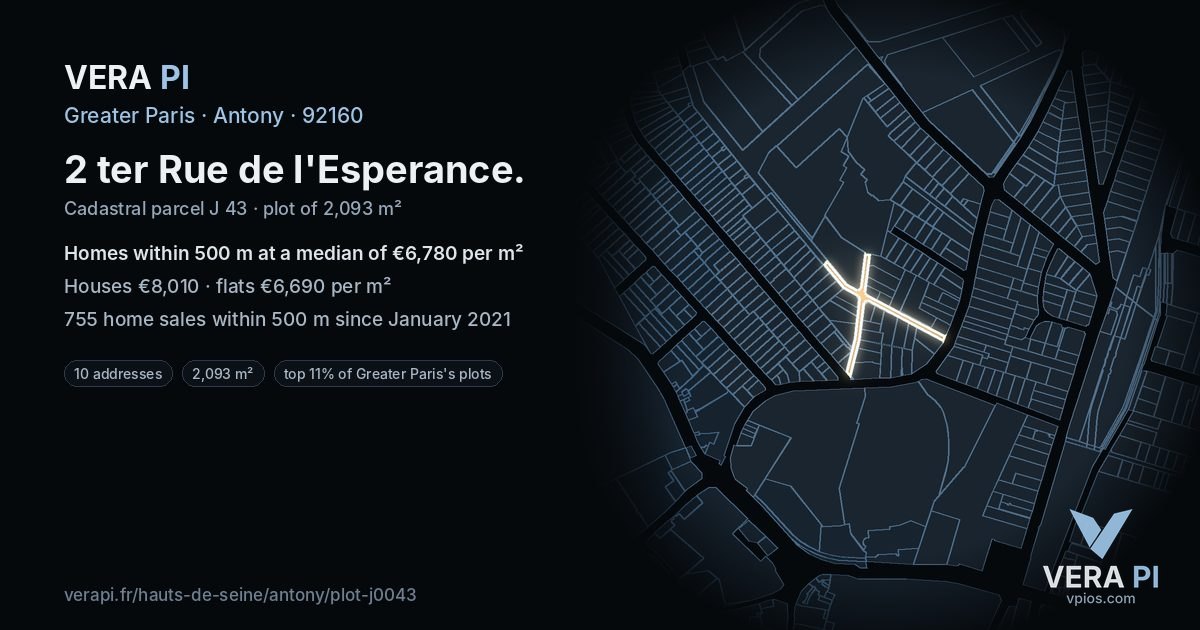 2 ter Rue de l'Esperance, Antony at night – the plot lit, the parcels around coloured by the prices near them