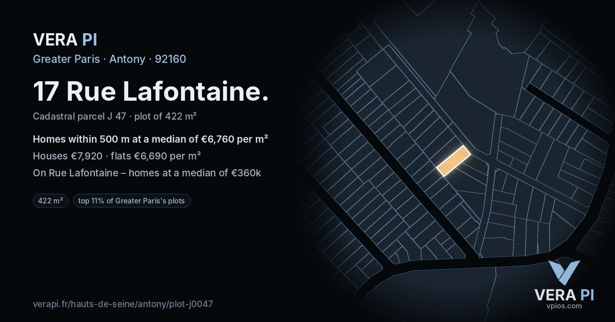 17 Rue Lafontaine, Antony at night – the plot lit, the parcels around coloured by the prices near them