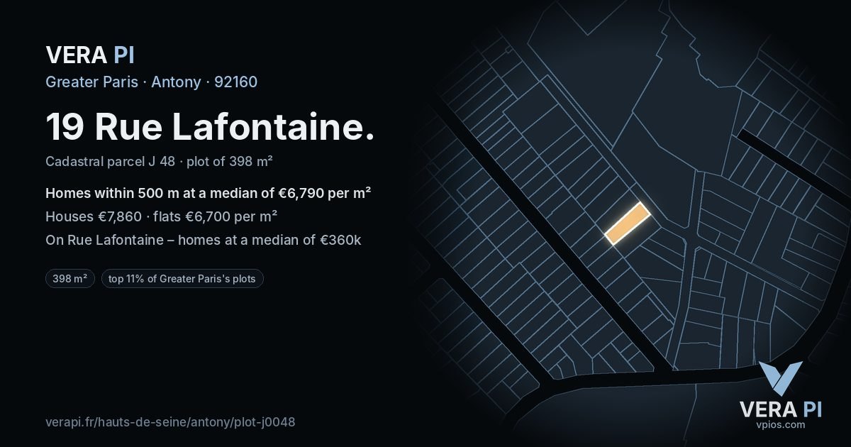 19 Rue Lafontaine, Antony at night – the plot lit, the parcels around coloured by the prices near them