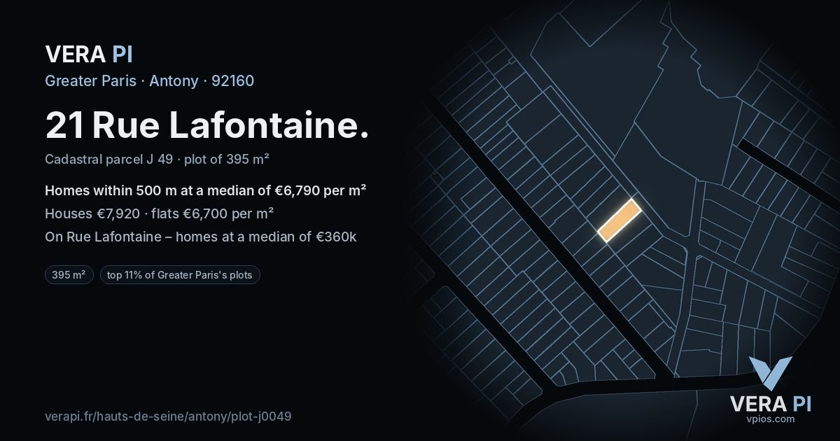 21 Rue Lafontaine, Antony at night – the plot lit, the parcels around coloured by the prices near them
