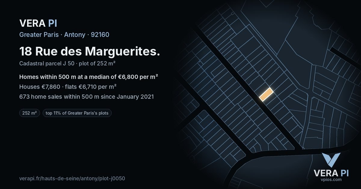 18 Rue des Marguerites, Antony at night – the plot lit, the parcels around coloured by the prices near them