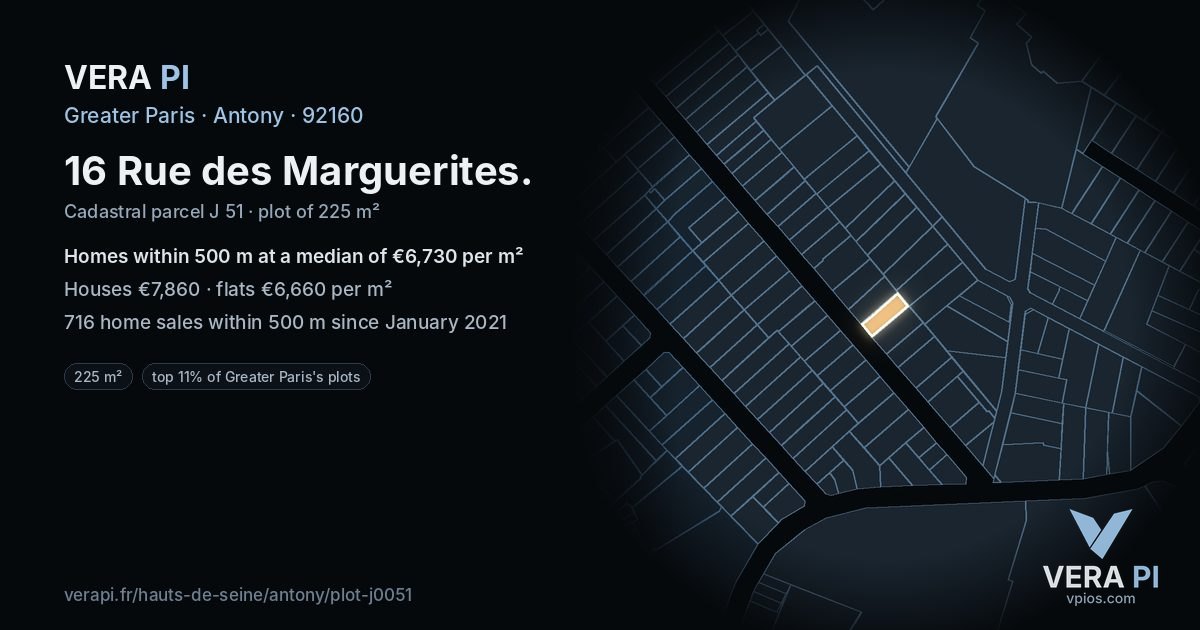 16 Rue des Marguerites, Antony at night – the plot lit, the parcels around coloured by the prices near them