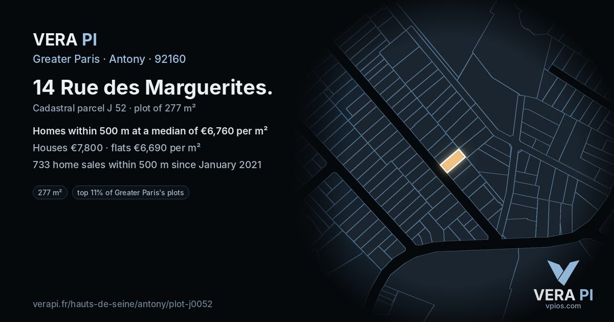 14 Rue des Marguerites, Antony at night – the plot lit, the parcels around coloured by the prices near them