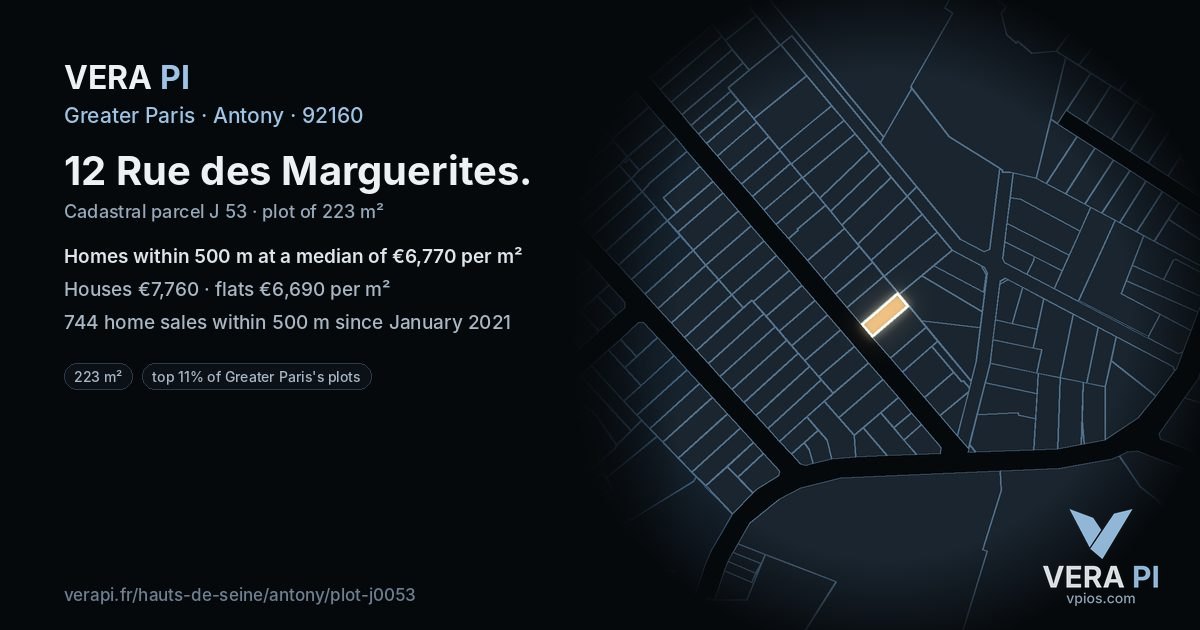 12 Rue des Marguerites, Antony at night – the plot lit, the parcels around coloured by the prices near them
