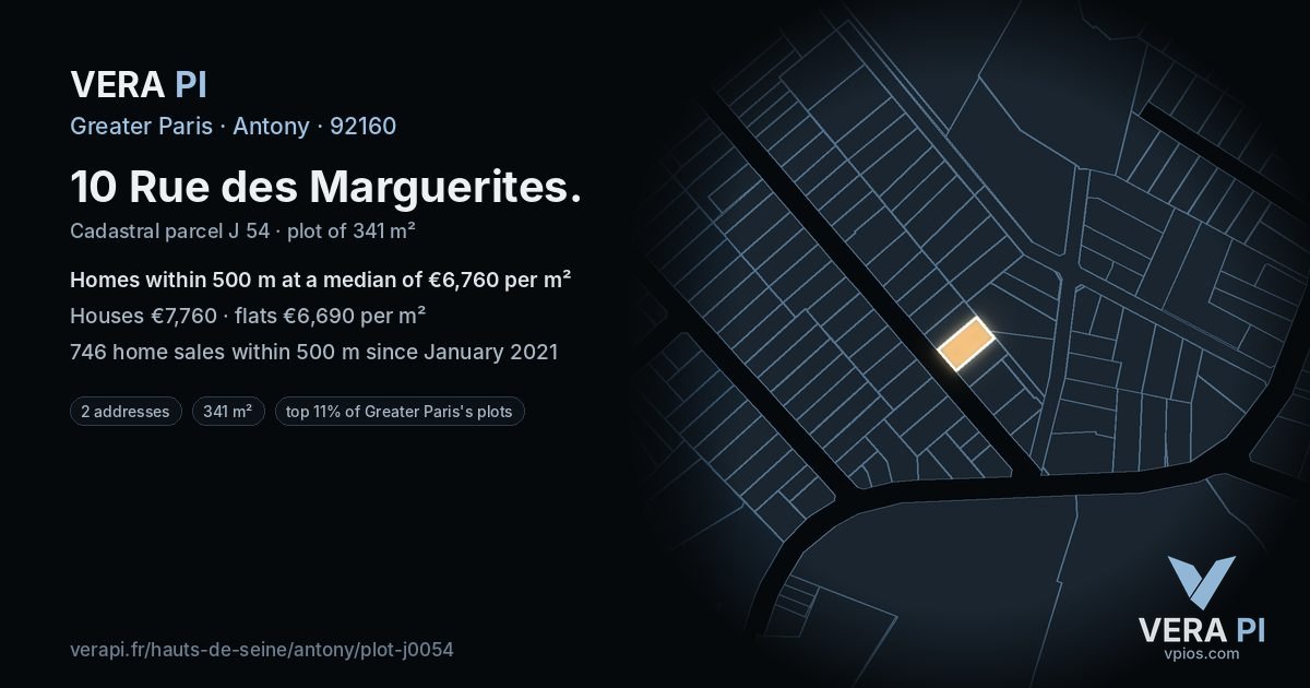 10 Rue des Marguerites, Antony at night – the plot lit, the parcels around coloured by the prices near them