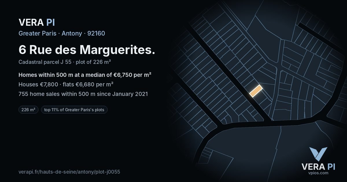 6 Rue des Marguerites, Antony at night – the plot lit, the parcels around coloured by the prices near them