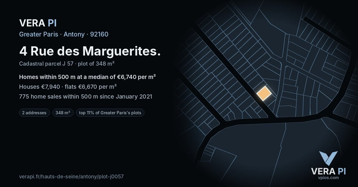 4 Rue des Marguerites, Antony at night – the plot lit, the parcels around coloured by the prices near them