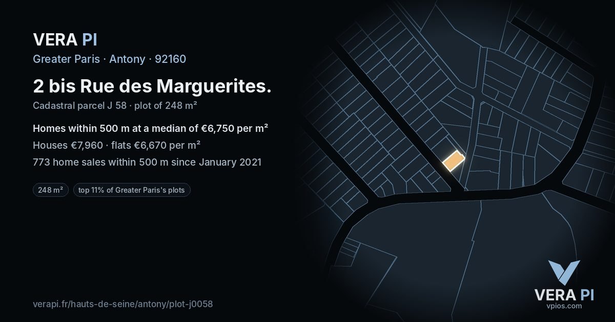2 bis Rue des Marguerites, Antony at night – the plot lit, the parcels around coloured by the prices near them