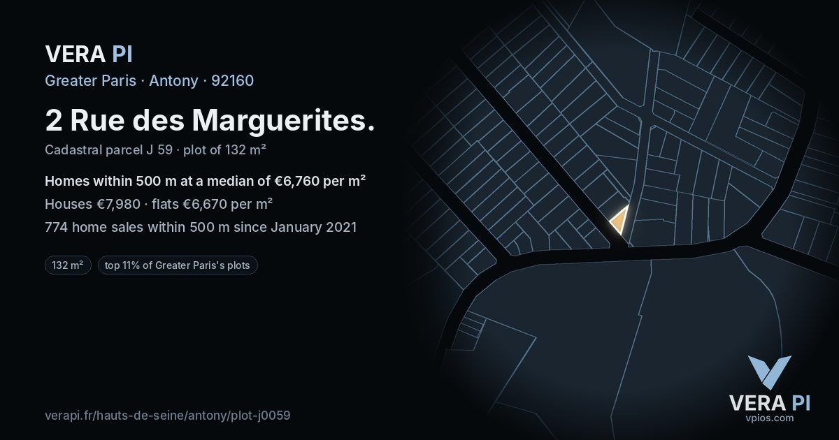 2 Rue des Marguerites, Antony at night – the plot lit, the parcels around coloured by the prices near them