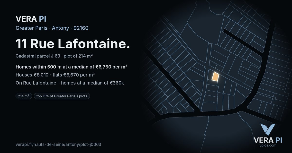11 Rue Lafontaine, Antony at night – the plot lit, the parcels around coloured by the prices near them