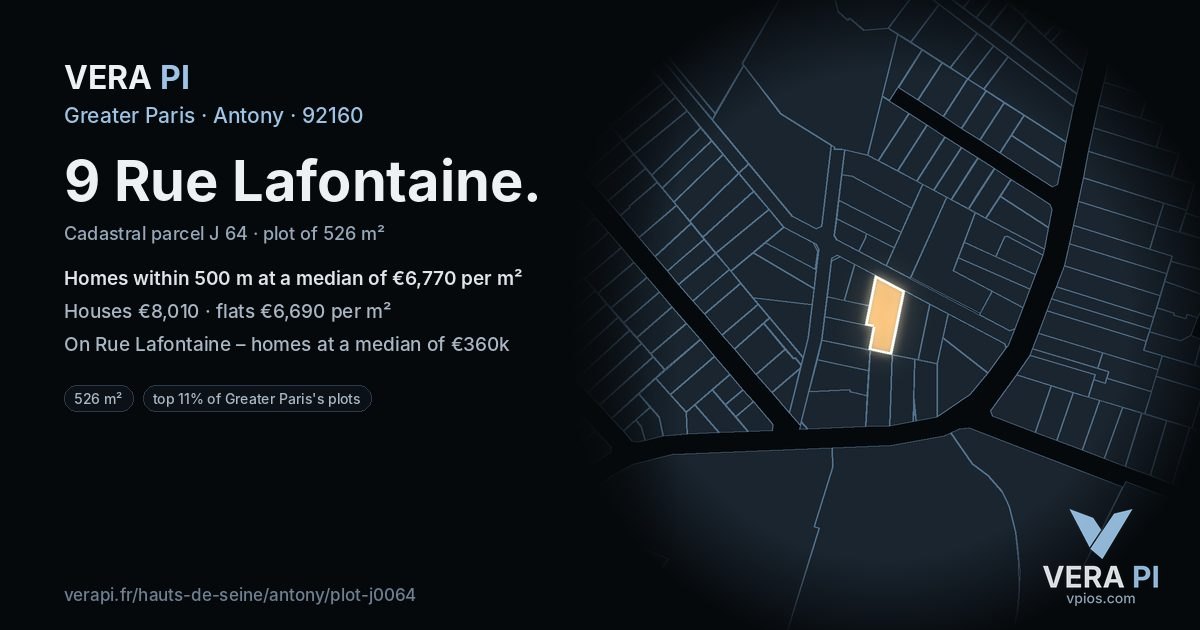 9 Rue Lafontaine, Antony at night – the plot lit, the parcels around coloured by the prices near them