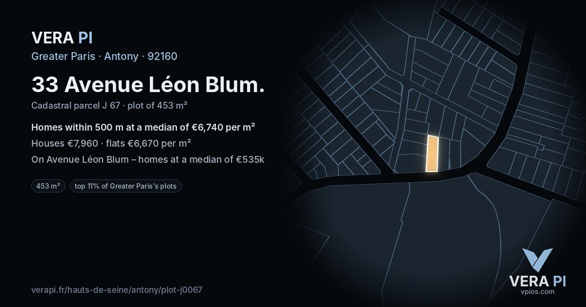33 Avenue Léon Blum, Antony at night – the plot lit, the parcels around coloured by the prices near them