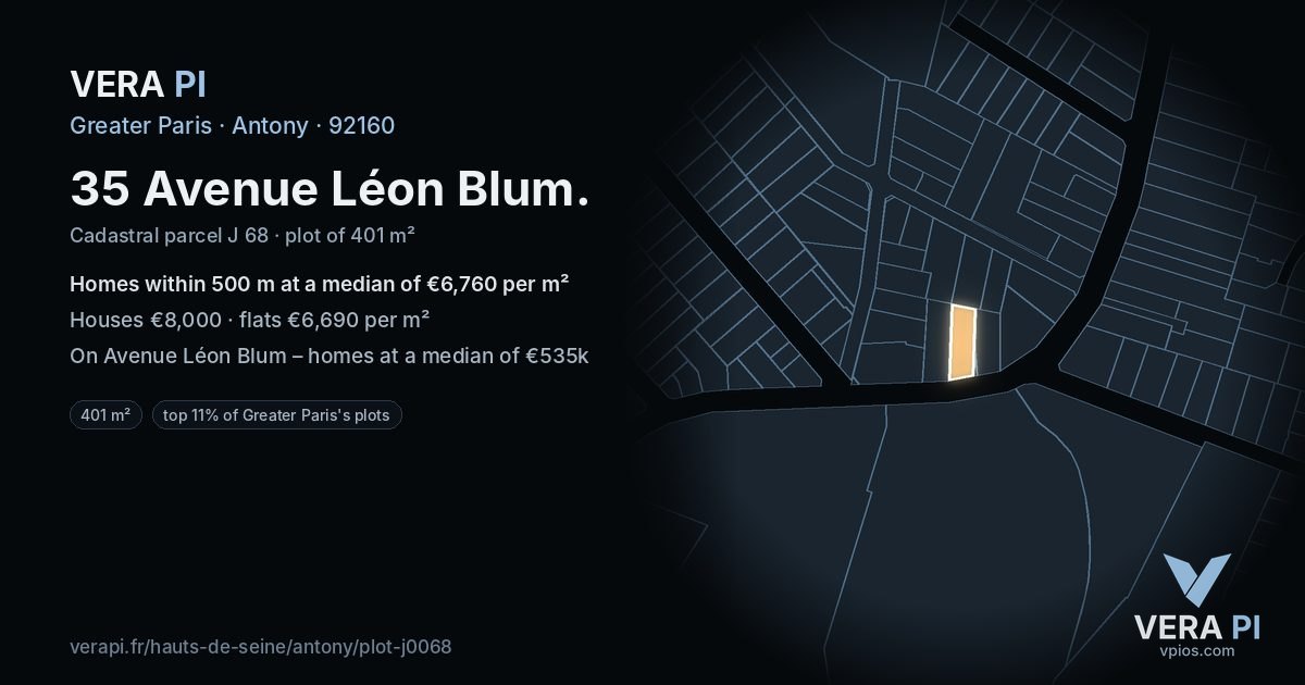 35 Avenue Léon Blum, Antony at night – the plot lit, the parcels around coloured by the prices near them