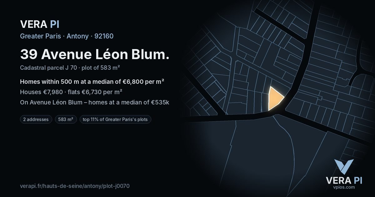 39 Avenue Léon Blum, Antony at night – the plot lit, the parcels around coloured by the prices near them