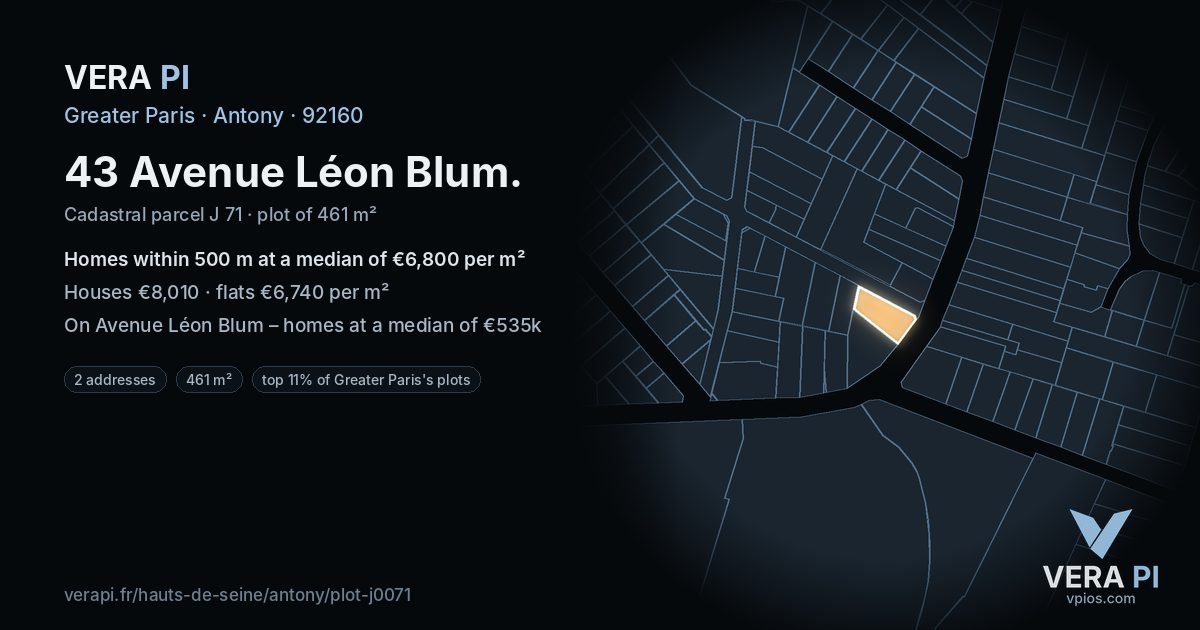 43 Avenue Léon Blum, Antony at night – the plot lit, the parcels around coloured by the prices near them