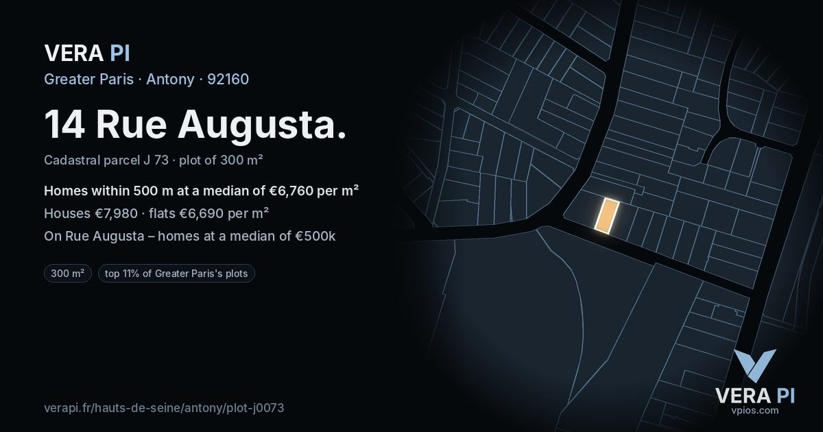 14 Rue Augusta, Antony at night – the plot lit, the parcels around coloured by the prices near them