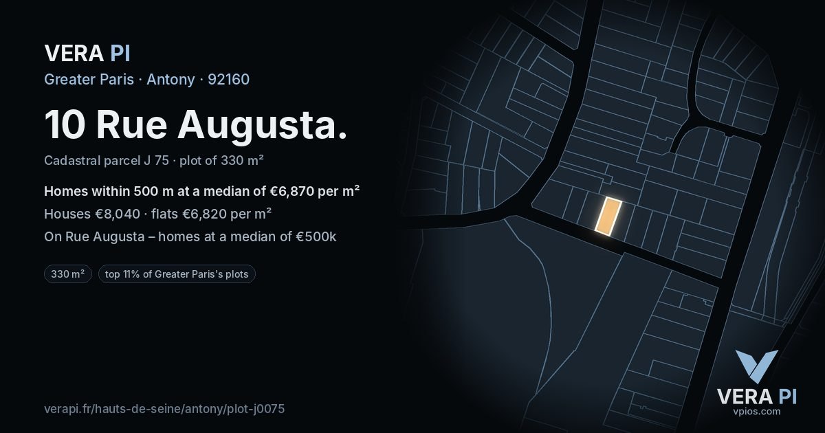 10 Rue Augusta, Antony at night – the plot lit, the parcels around coloured by the prices near them