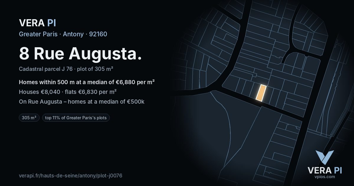 8 Rue Augusta, Antony at night – the plot lit, the parcels around coloured by the prices near them