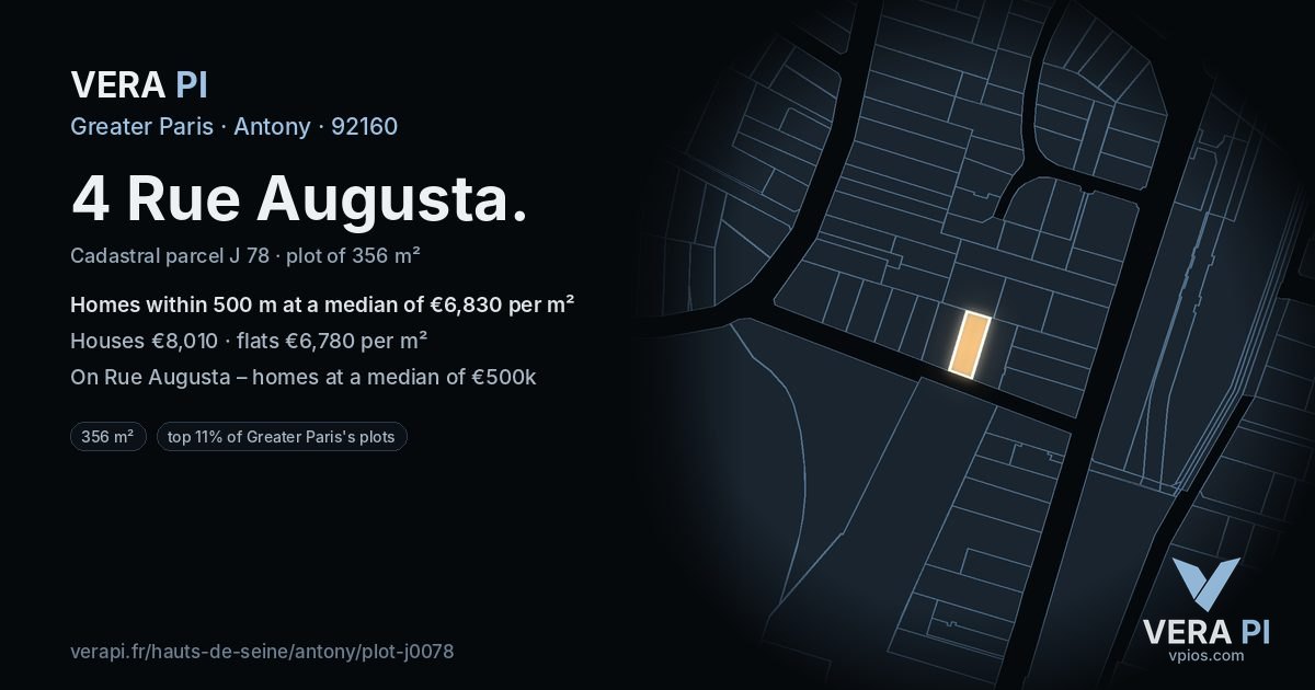 4 Rue Augusta, Antony at night – the plot lit, the parcels around coloured by the prices near them