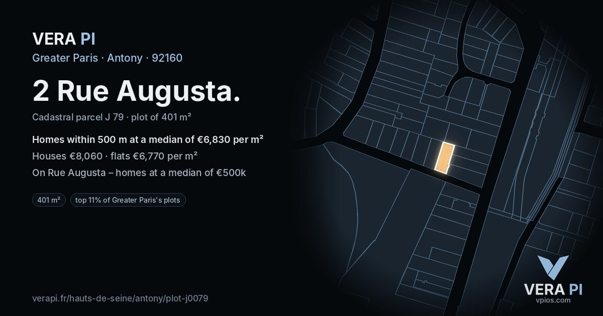 2 Rue Augusta, Antony at night – the plot lit, the parcels around coloured by the prices near them