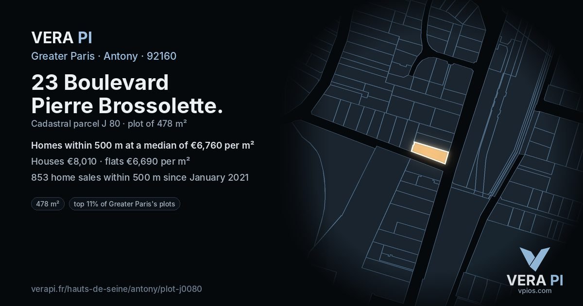 23 Boulevard Pierre Brossolette, Antony at night – the plot lit, the parcels around coloured by the prices near them