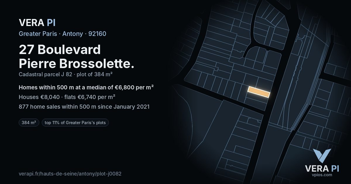 27 Boulevard Pierre Brossolette, Antony at night – the plot lit, the parcels around coloured by the prices near them