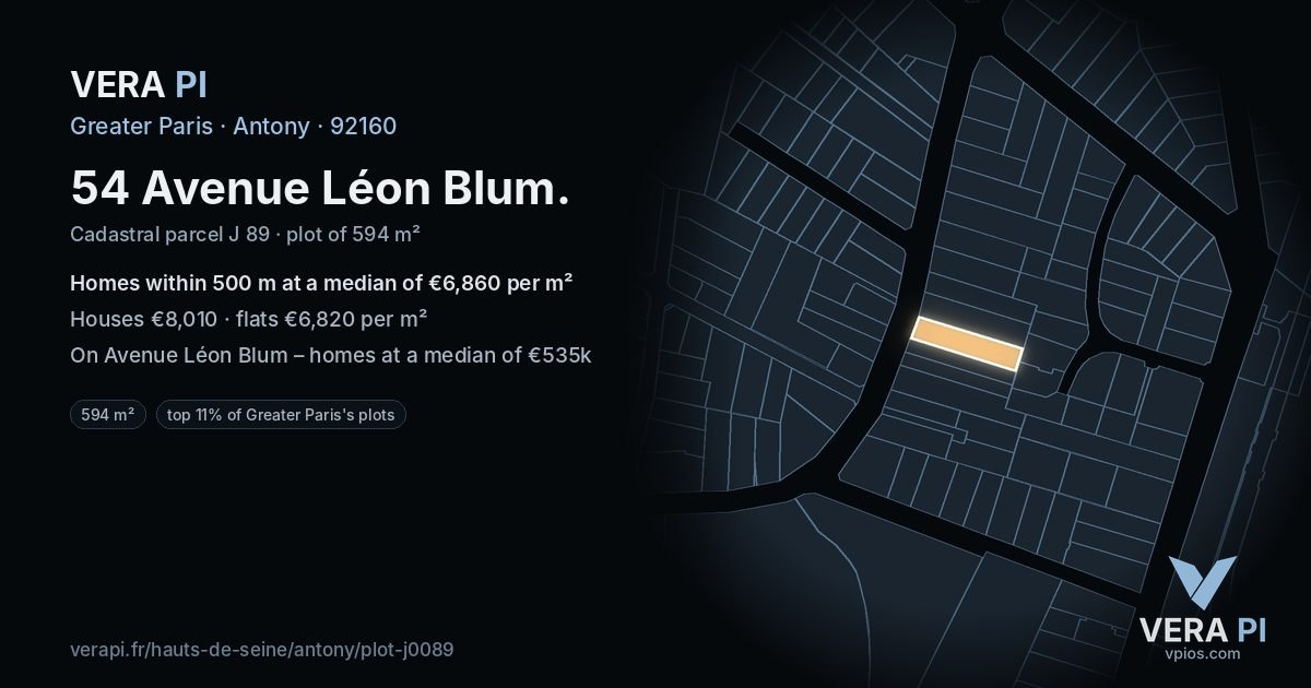 54 Avenue Léon Blum, Antony at night – the plot lit, the parcels around coloured by the prices near them
