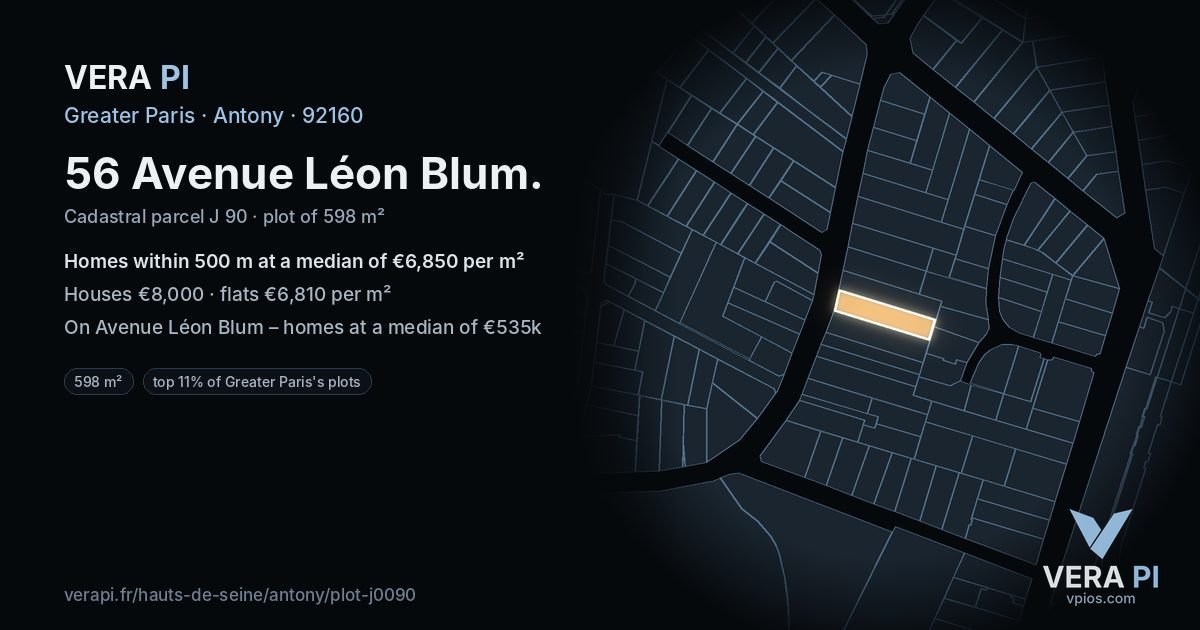 56 Avenue Léon Blum, Antony at night – the plot lit, the parcels around coloured by the prices near them