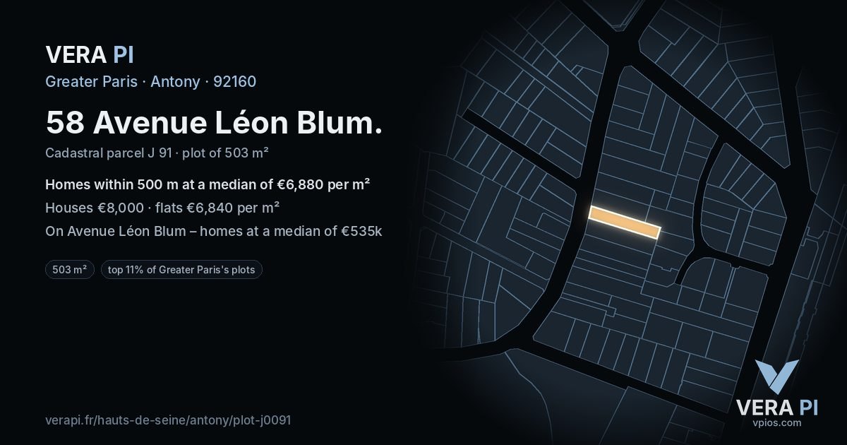 58 Avenue Léon Blum, Antony at night – the plot lit, the parcels around coloured by the prices near them
