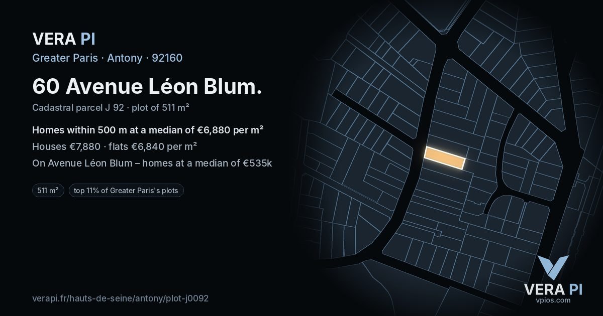 60 Avenue Léon Blum, Antony at night – the plot lit, the parcels around coloured by the prices near them
