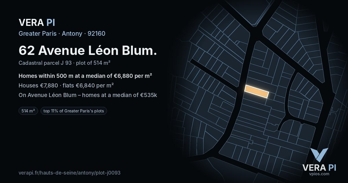 62 Avenue Léon Blum, Antony at night – the plot lit, the parcels around coloured by the prices near them