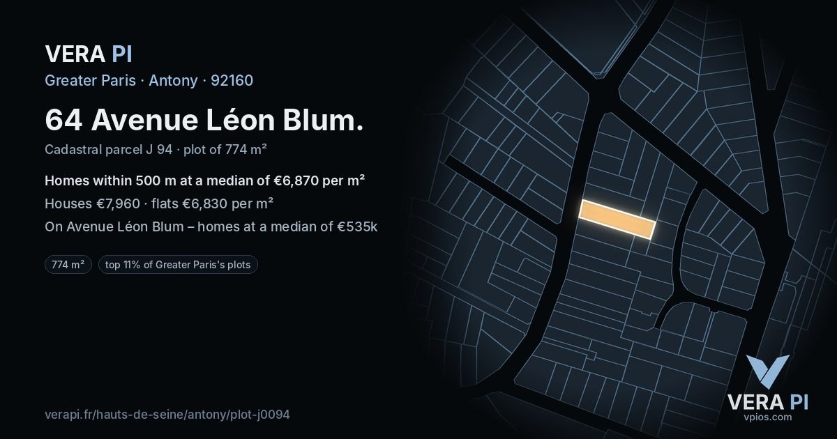64 Avenue Léon Blum, Antony at night – the plot lit, the parcels around coloured by the prices near them