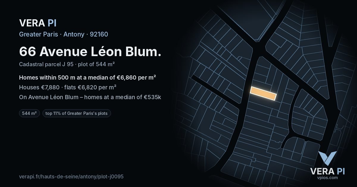 66 Avenue Léon Blum, Antony at night – the plot lit, the parcels around coloured by the prices near them