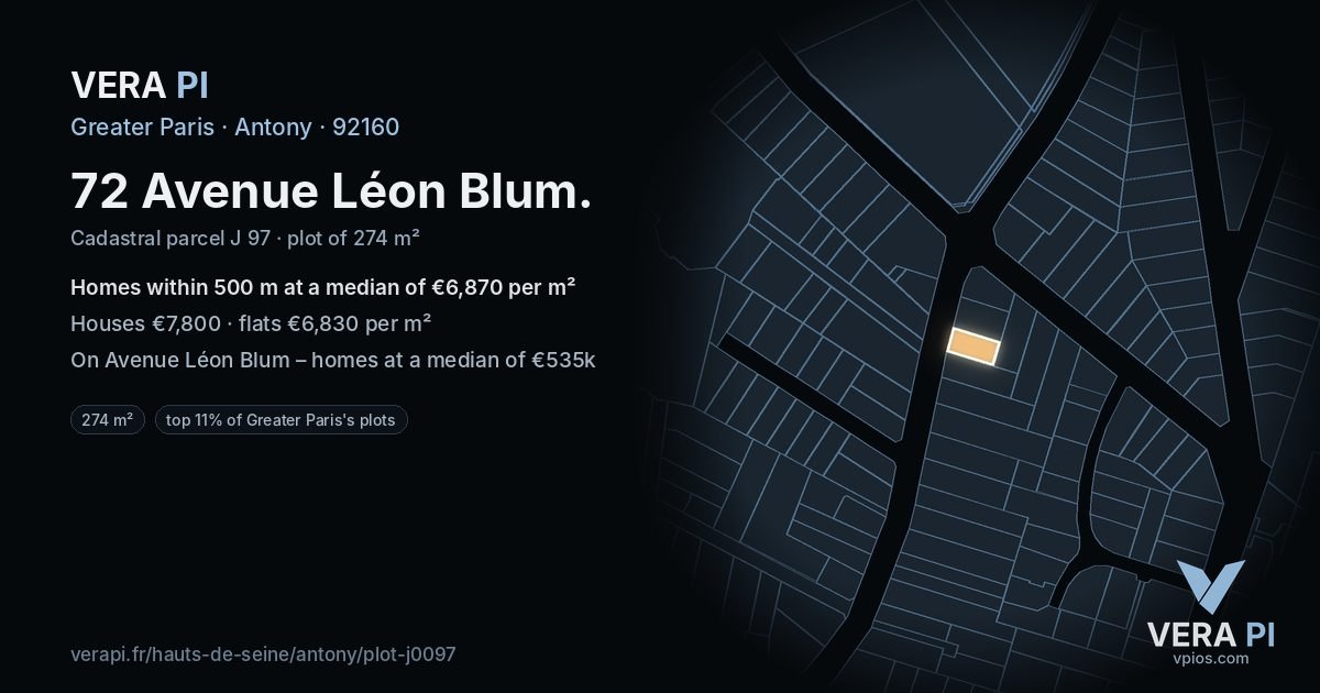 72 Avenue Léon Blum, Antony at night – the plot lit, the parcels around coloured by the prices near them