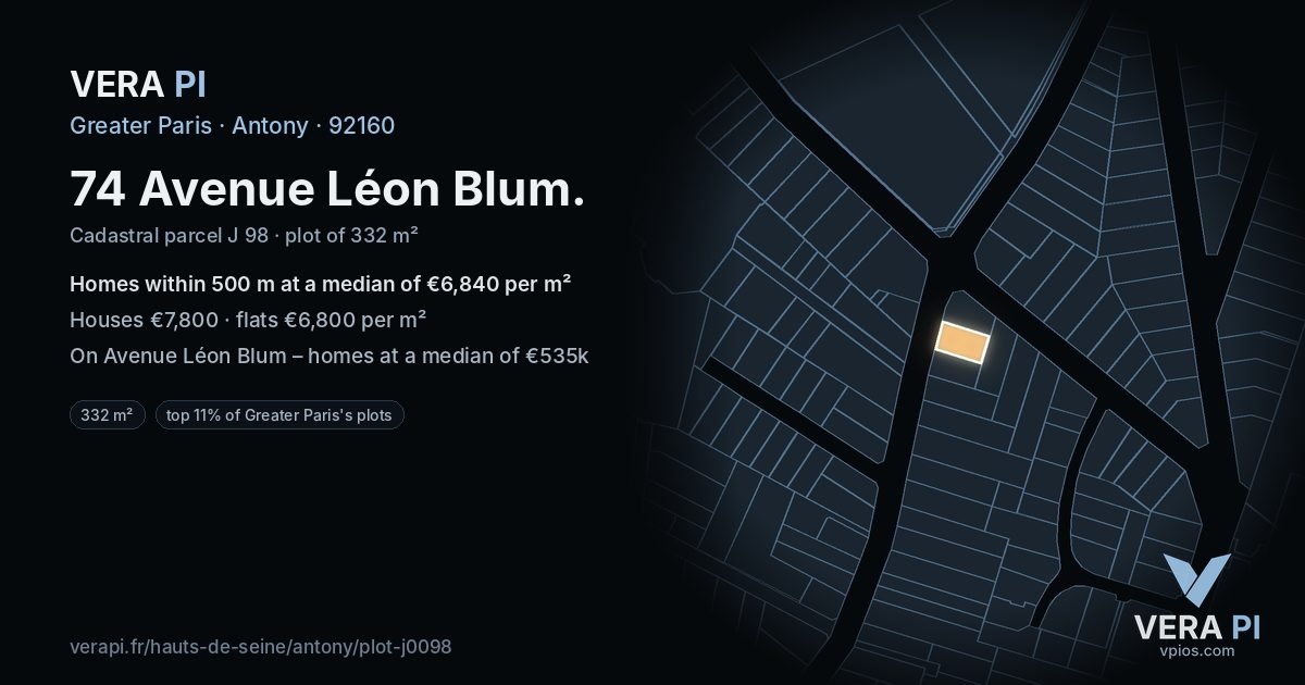 74 Avenue Léon Blum, Antony at night – the plot lit, the parcels around coloured by the prices near them