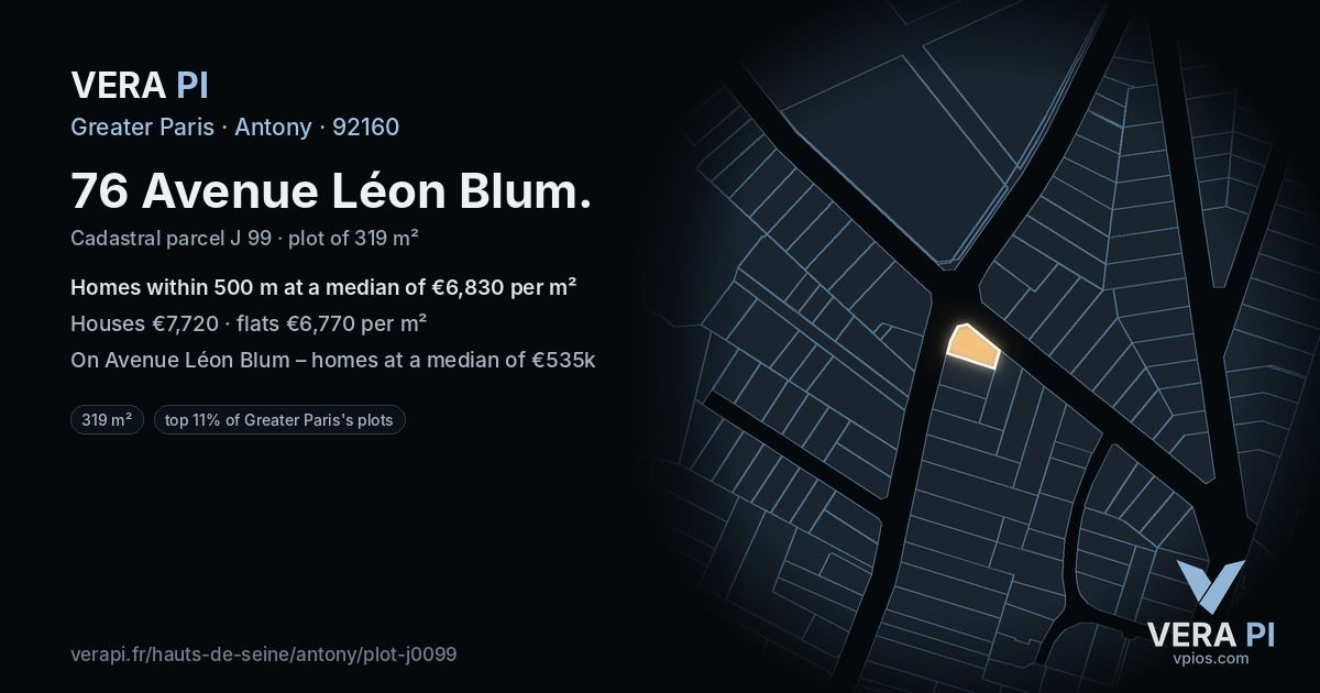 76 Avenue Léon Blum, Antony at night – the plot lit, the parcels around coloured by the prices near them