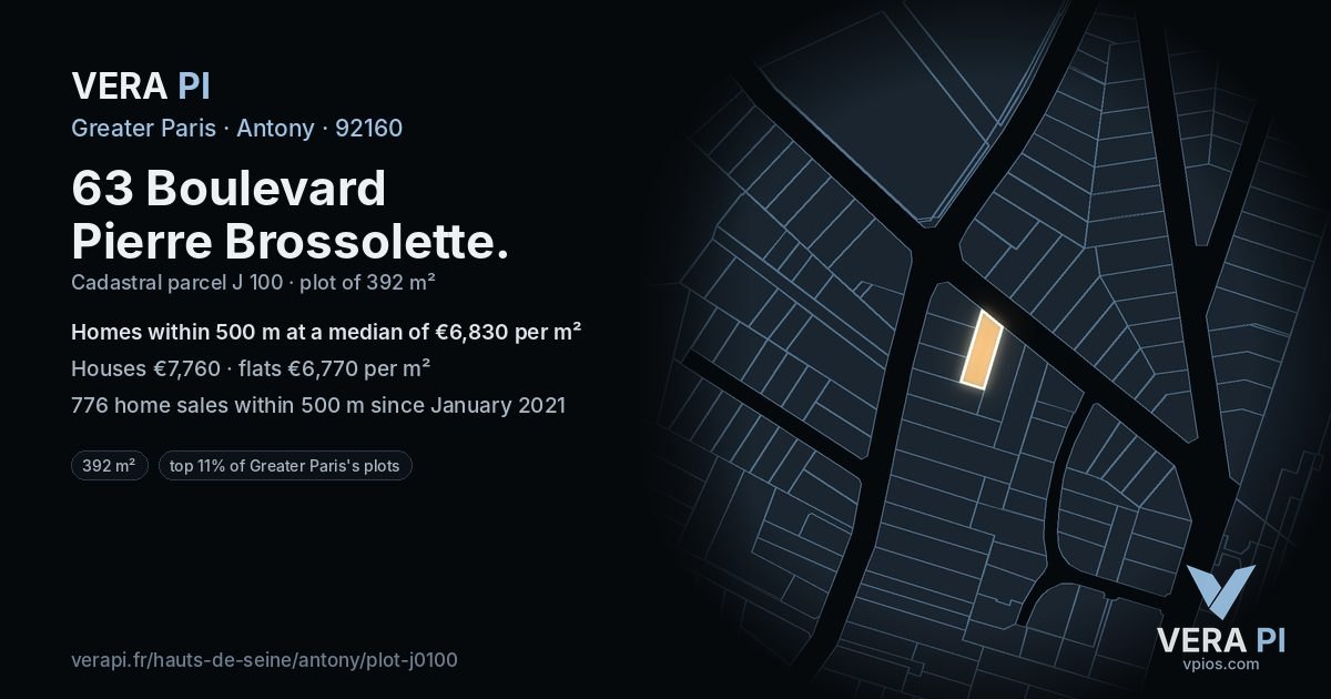 63 Boulevard Pierre Brossolette, Antony at night – the plot lit, the parcels around coloured by the prices near them