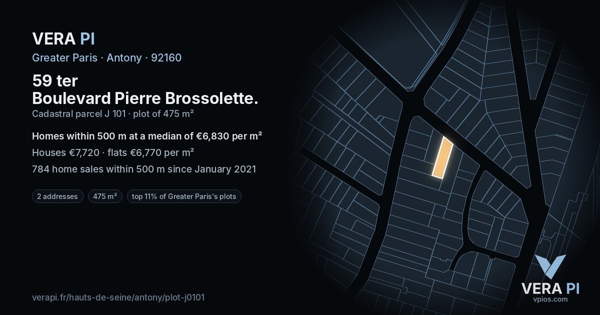 59 ter Boulevard Pierre Brossolette, Antony at night – the plot lit, the parcels around coloured by the prices near them