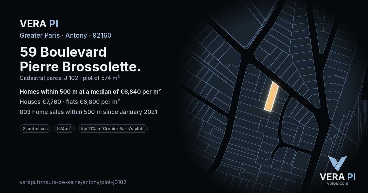 59 Boulevard Pierre Brossolette, Antony at night – the plot lit, the parcels around coloured by the prices near them