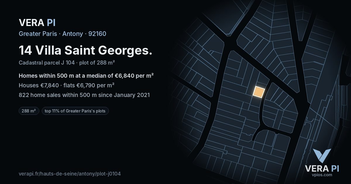 14 Villa Saint Georges, Antony at night – the plot lit, the parcels around coloured by the prices near them