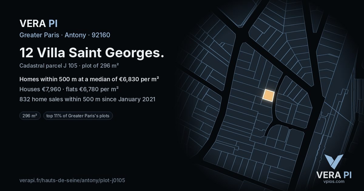 12 Villa Saint Georges, Antony at night – the plot lit, the parcels around coloured by the prices near them