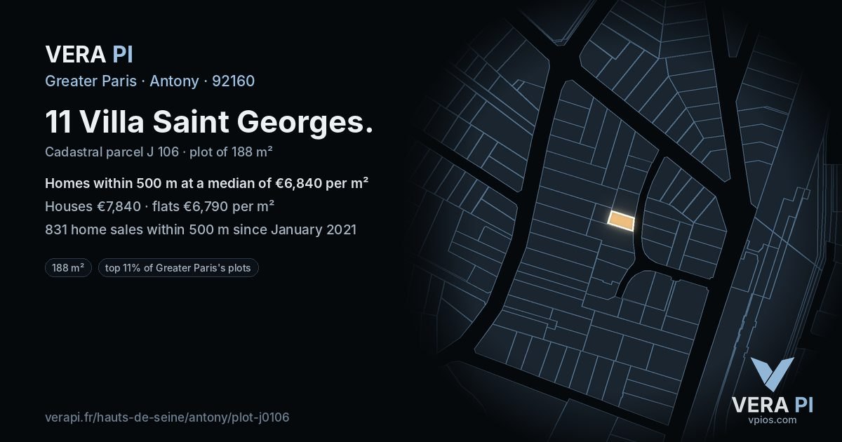 11 Villa Saint Georges, Antony at night – the plot lit, the parcels around coloured by the prices near them