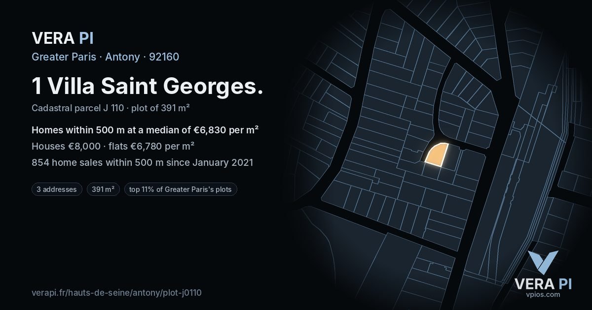 1 Villa Saint Georges, Antony at night – the plot lit, the parcels around coloured by the prices near them