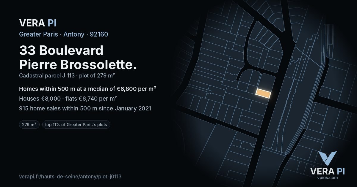 33 Boulevard Pierre Brossolette, Antony at night – the plot lit, the parcels around coloured by the prices near them