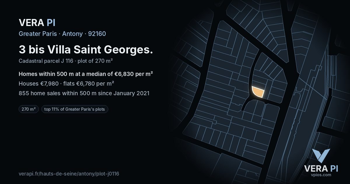 3 bis Villa Saint Georges, Antony at night – the plot lit, the parcels around coloured by the prices near them