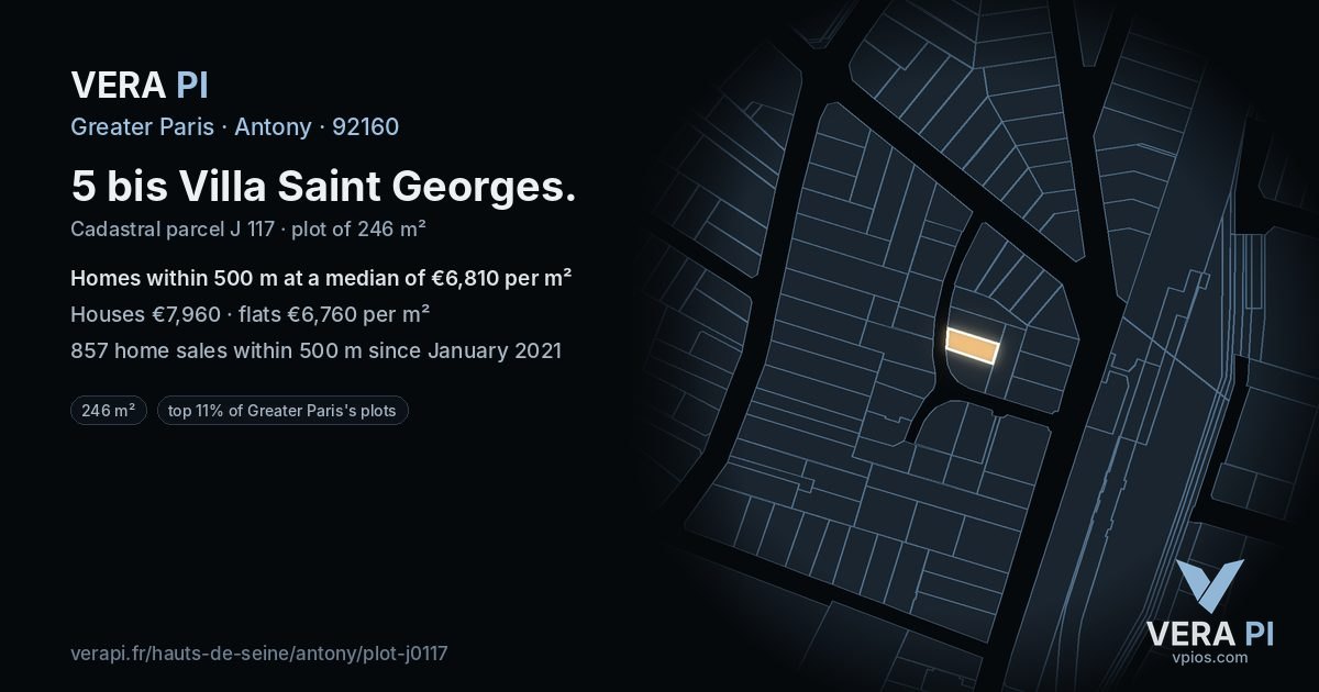 5 bis Villa Saint Georges, Antony at night – the plot lit, the parcels around coloured by the prices near them
