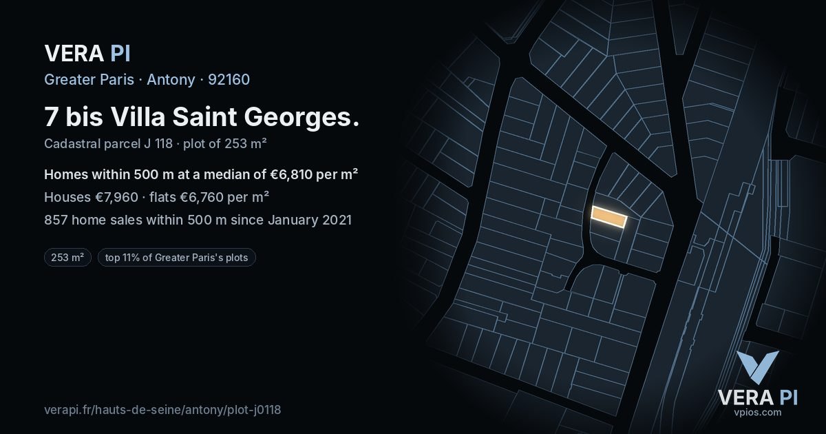 7 bis Villa Saint Georges, Antony at night – the plot lit, the parcels around coloured by the prices near them