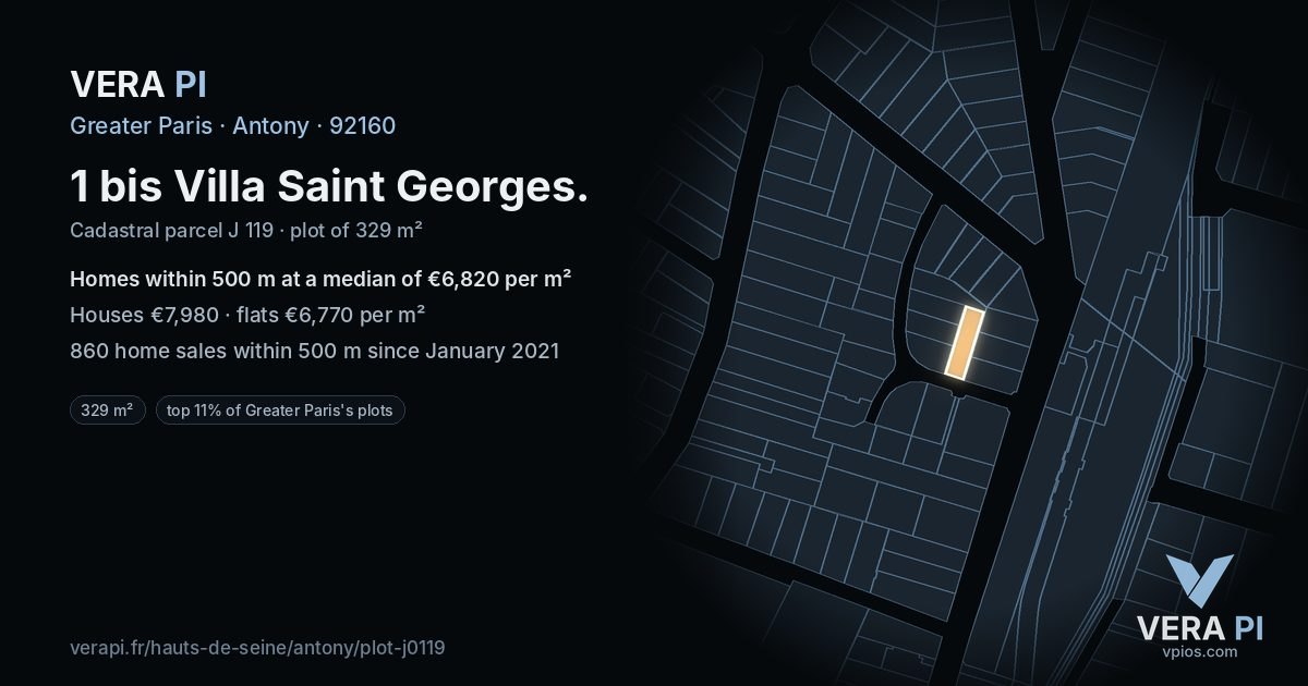 1 bis Villa Saint Georges, Antony at night – the plot lit, the parcels around coloured by the prices near them
