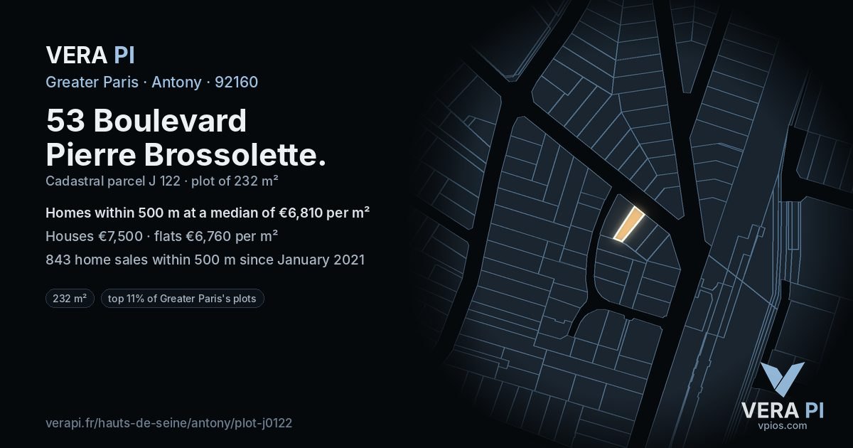 53 Boulevard Pierre Brossolette, Antony at night – the plot lit, the parcels around coloured by the prices near them