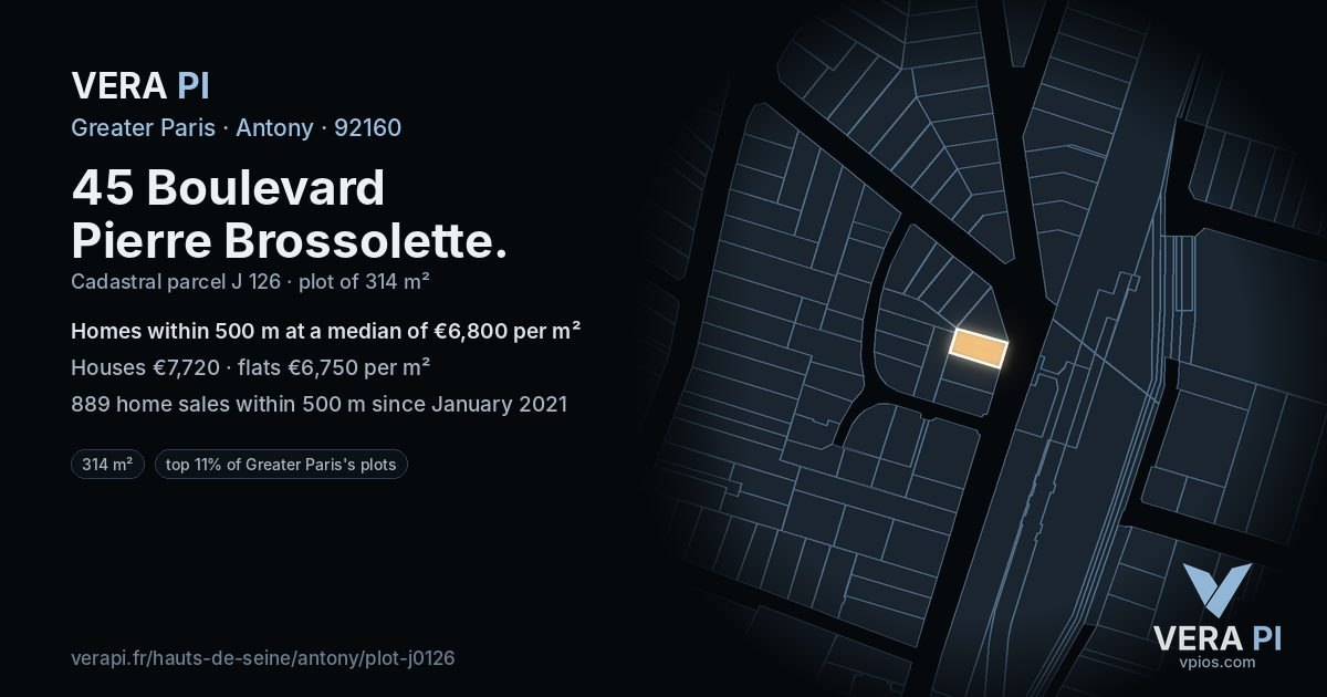 45 Boulevard Pierre Brossolette, Antony at night – the plot lit, the parcels around coloured by the prices near them